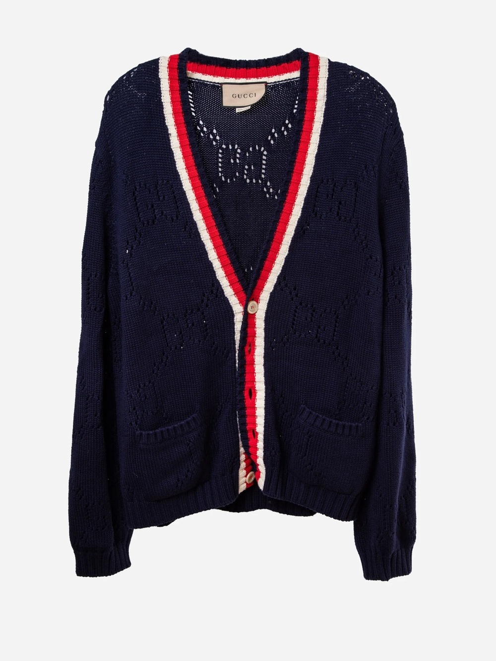 Gucci Navy Cotton Knit Web Stripe Cardigan Size L